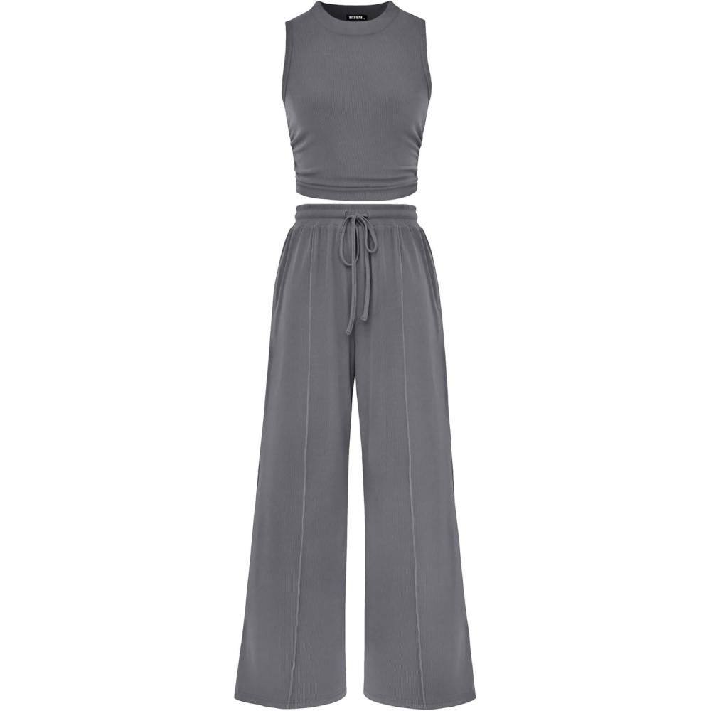 imageBTFBM Summer Outfits For Women 2026 Cropped Sleeveless Tank Tops Wide Leg Pants 2 Piece Sets Beach Lounge Set ClothingGrey