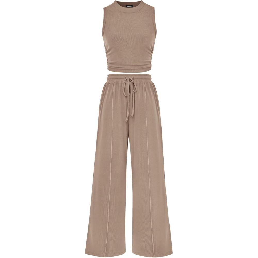 imageBTFBM Summer Outfits For Women 2026 Cropped Sleeveless Tank Tops Wide Leg Pants 2 Piece Sets Beach Lounge Set ClothingKhaki