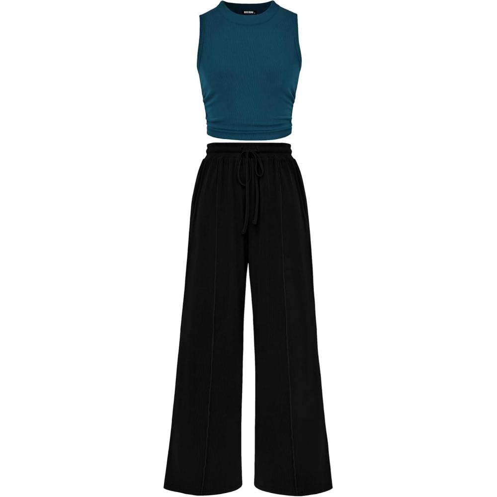 imageBTFBM Summer Outfits For Women 2026 Cropped Sleeveless Tank Tops Wide Leg Pants 2 Piece Sets Beach Lounge Set ClothingLake Blue Black