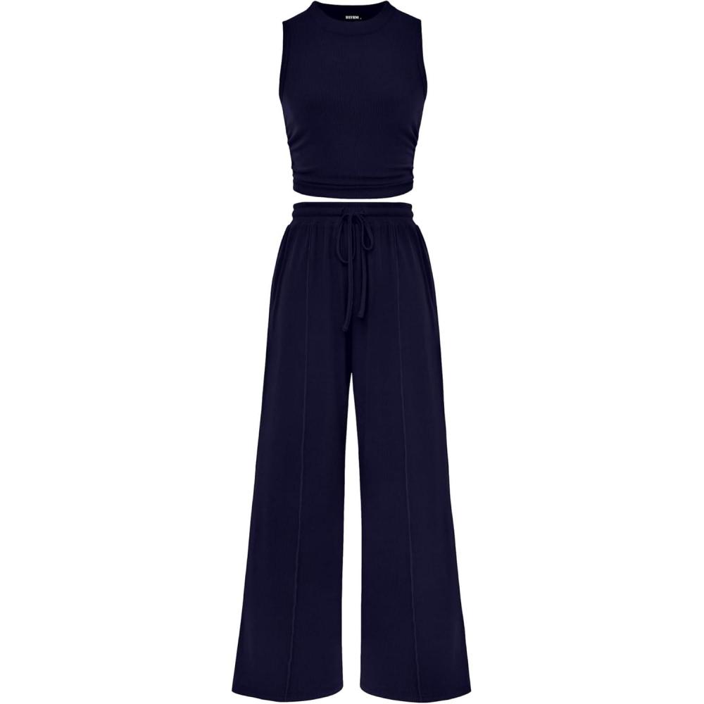 imageBTFBM Summer Outfits For Women 2026 Cropped Sleeveless Tank Tops Wide Leg Pants 2 Piece Sets Beach Lounge Set ClothingNavy