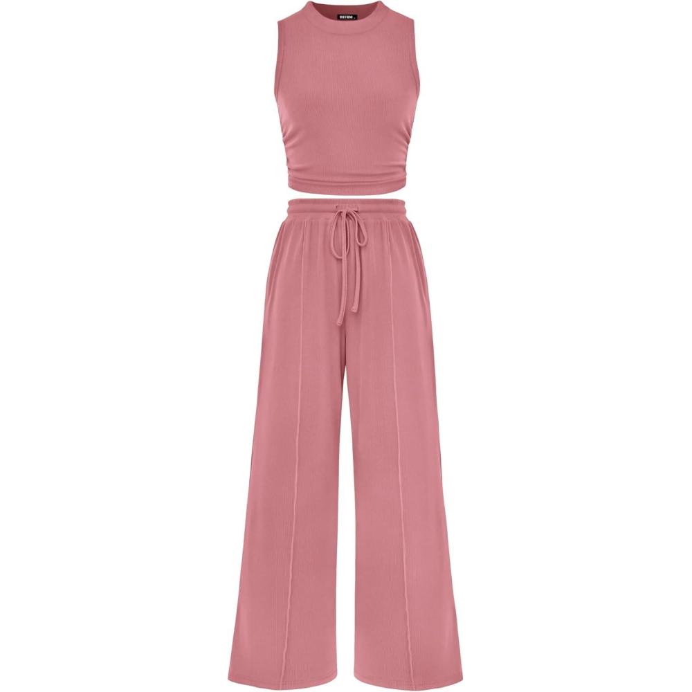 imageBTFBM Summer Outfits For Women 2026 Cropped Sleeveless Tank Tops Wide Leg Pants 2 Piece Sets Beach Lounge Set ClothingPink