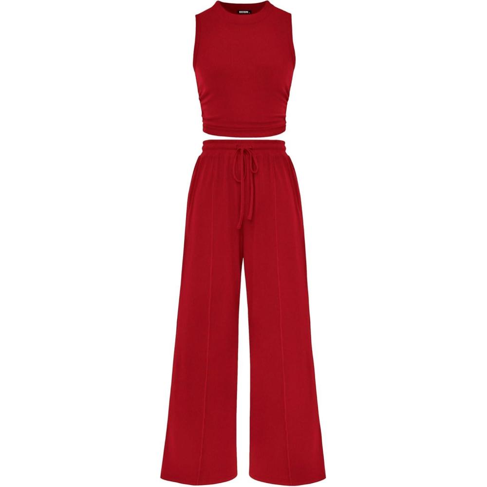 imageBTFBM Summer Outfits For Women 2026 Cropped Sleeveless Tank Tops Wide Leg Pants 2 Piece Sets Beach Lounge Set ClothingRed
