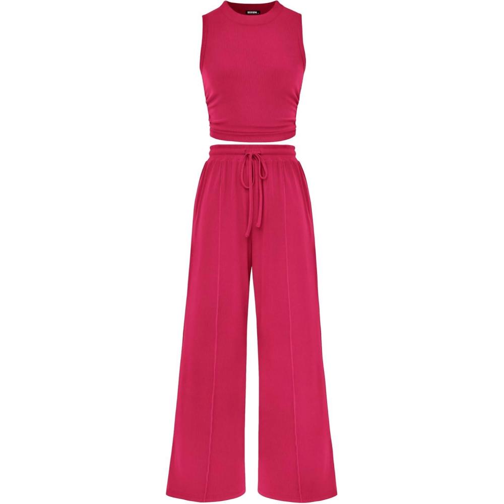 imageBTFBM Summer Outfits For Women 2026 Cropped Sleeveless Tank Tops Wide Leg Pants 2 Piece Sets Beach Lounge Set ClothingRose Red
