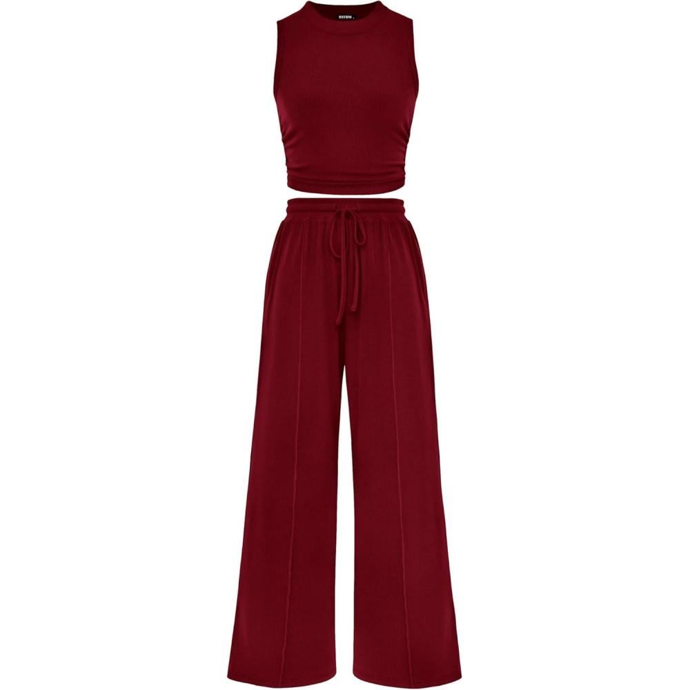 imageBTFBM Summer Outfits For Women 2026 Cropped Sleeveless Tank Tops Wide Leg Pants 2 Piece Sets Beach Lounge Set ClothingWine Red