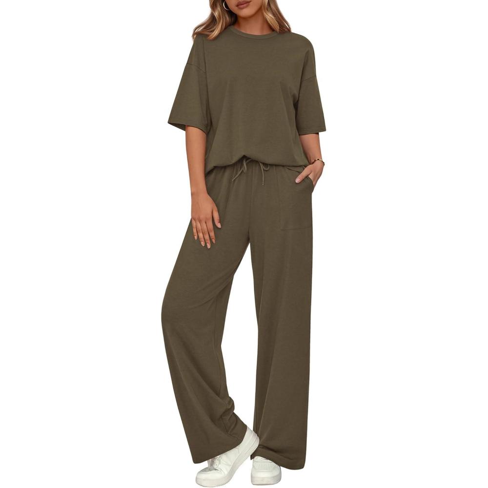 imageBTFBM Summer Outfits For Women 2026 Two Piece Sets Casual Short Sleeve Spring Tops Wide Leg Pants Matching Lounge SetArmy Green
