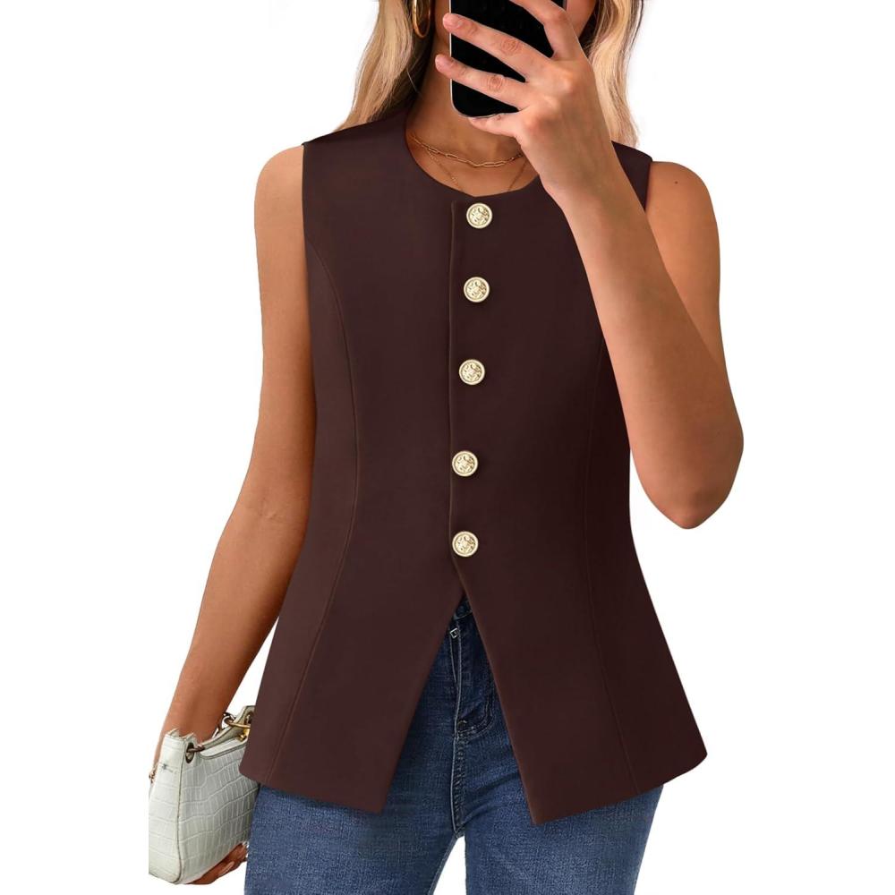 imageBTFBM Summer Sleeveless Blazer Vest For Women Dressy Button Down Round Neck Business Casual Outfits Work Suit Vests TopsBrown