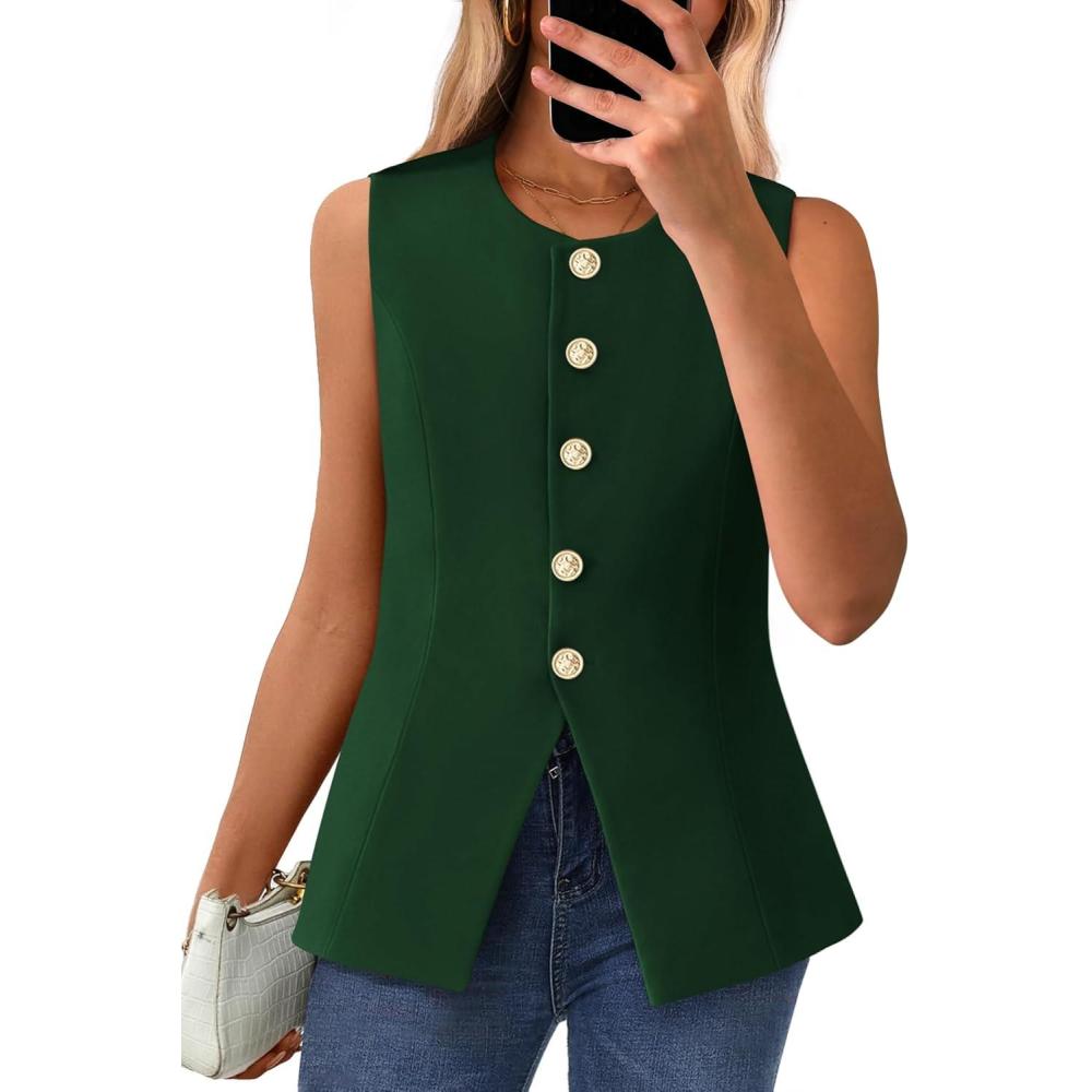 imageBTFBM Summer Sleeveless Blazer Vest For Women Dressy Button Down Round Neck Business Casual Outfits Work Suit Vests TopsDark Green