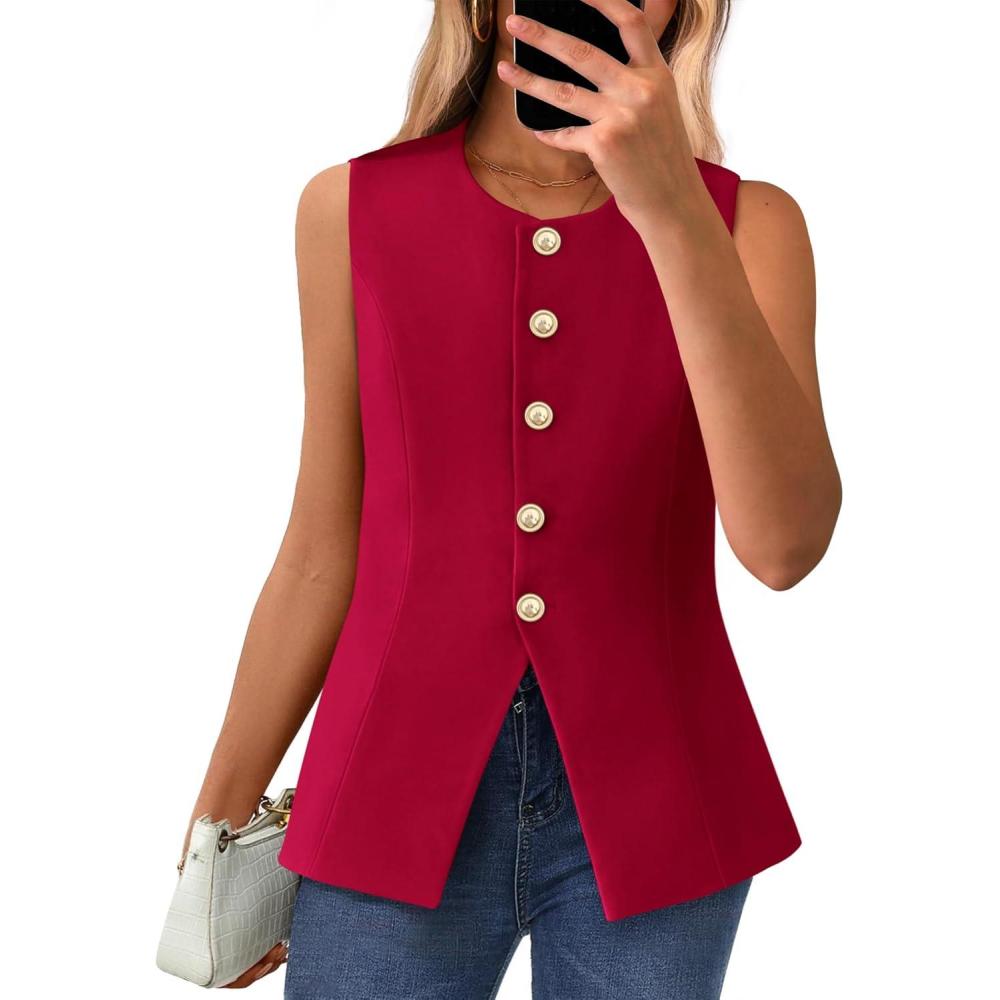 imageBTFBM Summer Sleeveless Blazer Vest For Women Dressy Button Down Round Neck Business Casual Outfits Work Suit Vests TopsRed