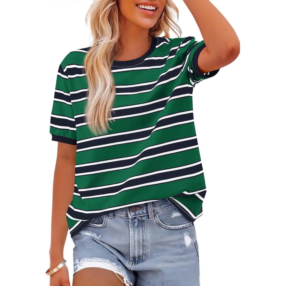 imageBTFBM Summer Tops for Women 2026 Crewneck Short Sleeve Striped T Shirts Casual Spring Clothes Color Block Basic Tee BlousesNavy Green