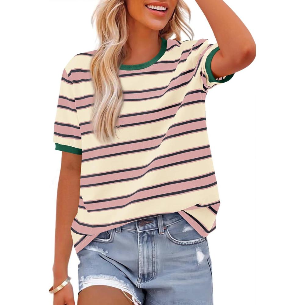 imageBTFBM Summer Tops for Women 2026 Crewneck Short Sleeve Striped T Shirts Casual Spring Clothes Color Block Basic Tee BlousesPink Apricot