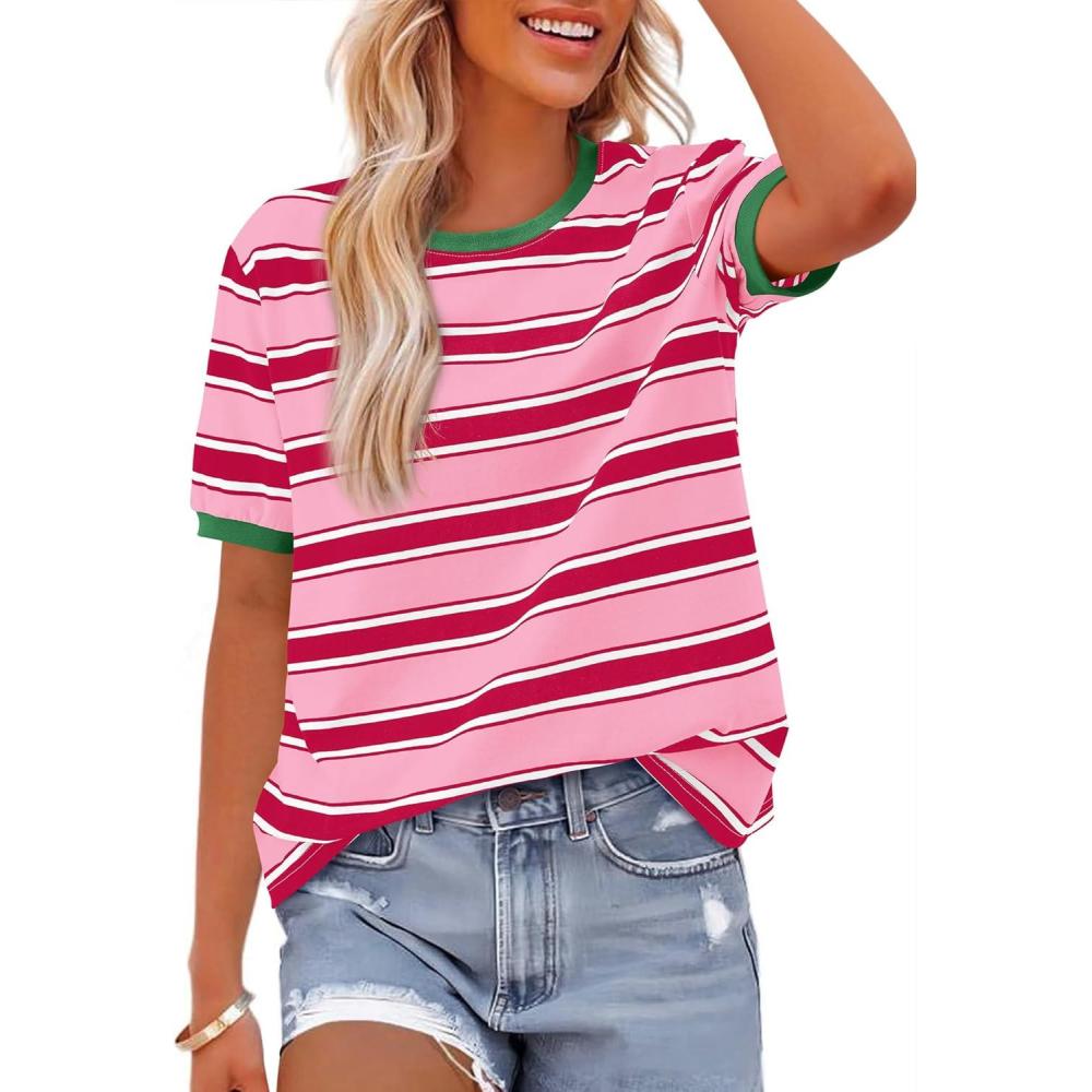 imageBTFBM Summer Tops for Women 2026 Crewneck Short Sleeve Striped T Shirts Casual Spring Clothes Color Block Basic Tee BlousesPink Rose Red