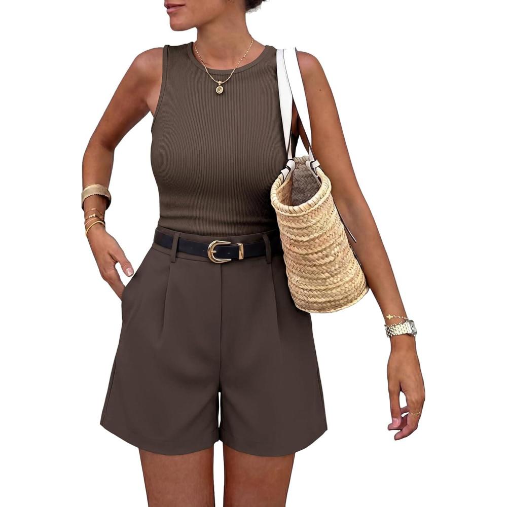 imageBTFBM Two Piece Sets for Women Spring Matching Set Sleeveless Tank Knit Tops Shorts Business Clothing Vacation OutfitsBrown