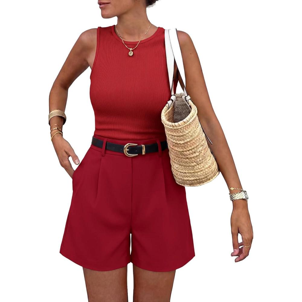 imageBTFBM Two Piece Sets for Women Spring Matching Set Sleeveless Tank Knit Tops Shorts Business Clothing Vacation OutfitsRed