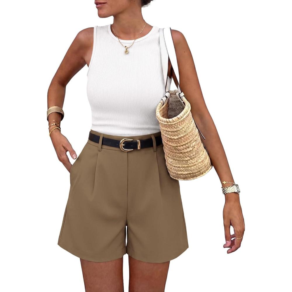 imageBTFBM Two Piece Sets for Women Spring Matching Set Sleeveless Tank Knit Tops Shorts Business Clothing Vacation OutfitsWhitedark Khaki