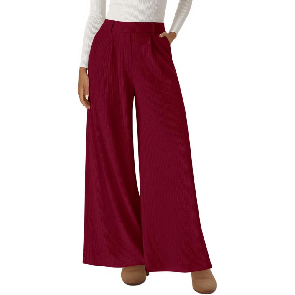 imageBTFBM Wide Leg Pants for Women Dressy Work Business Casual Elastic High Waisted Trousers Ribbed Lounge Palazzo PantsBurgundy