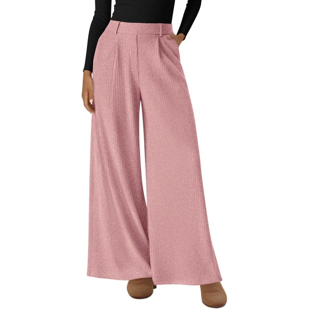 imageBTFBM Wide Leg Pants for Women Dressy Work Business Casual Elastic High Waisted Trousers Ribbed Lounge Palazzo PantsPink