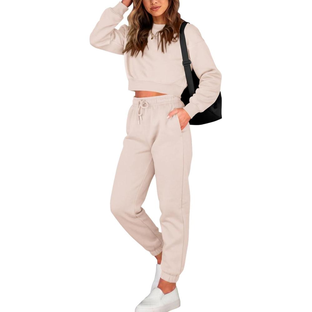 imageBTFBM Women 2 Piece Outfits Long Sleeve Crop Top Pullover Drawstring Pant Jogger Set Casual Sweatsuits Tracksuit Pockets