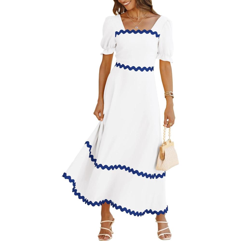 imageBTFBM Women 2025 Summer Square Neck Short Puff Sleeve Dress Casual RIic Rac Tie Back Smocked Wedding Guest Maxi DressesSolid White Blue