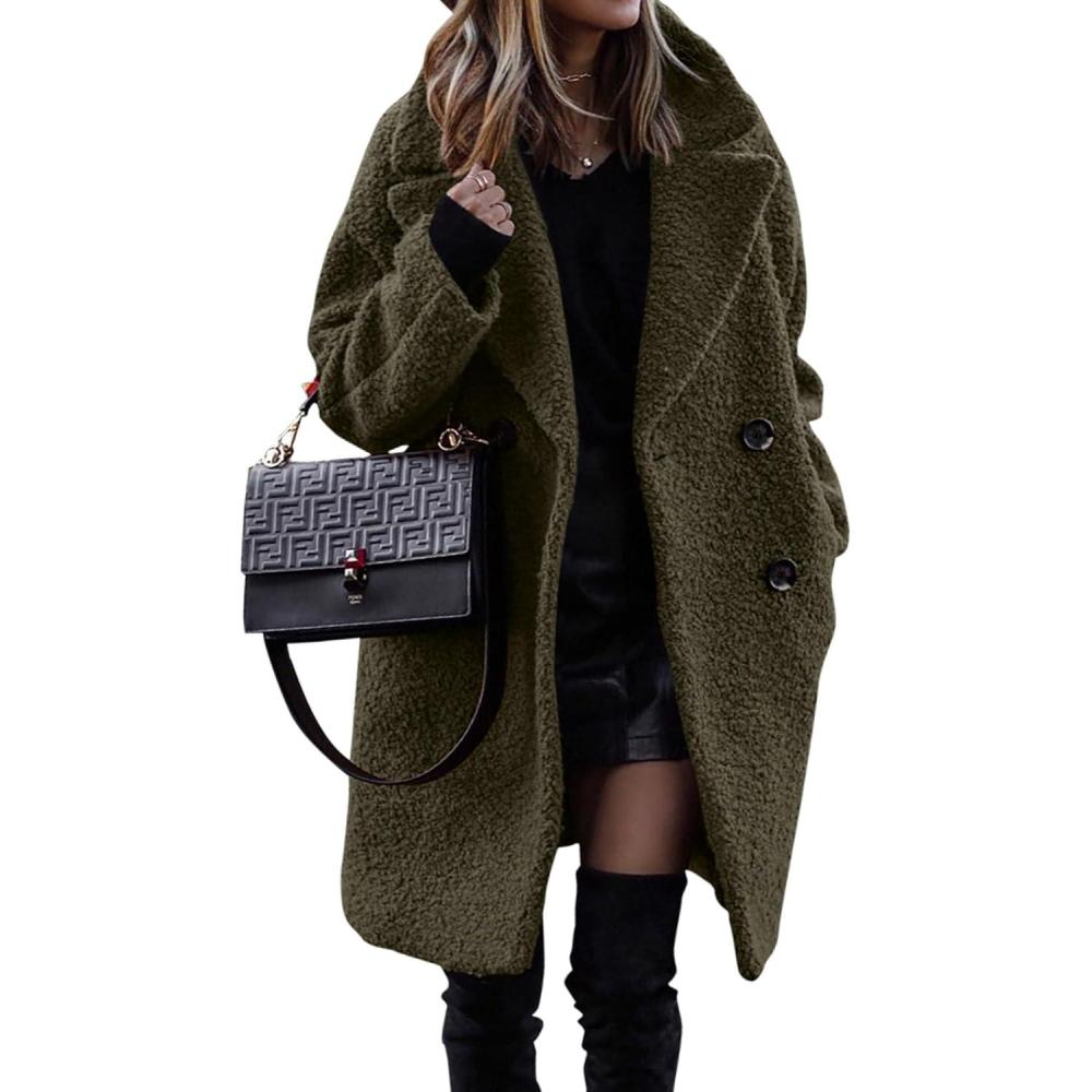 imageBTFBM Women 2025 Winter Faux Fur Coats Lapel Long Sleeve Fuzzy Fleece Outerwear Button Down Sherpa Jackets Fall OutfitsArmy Green