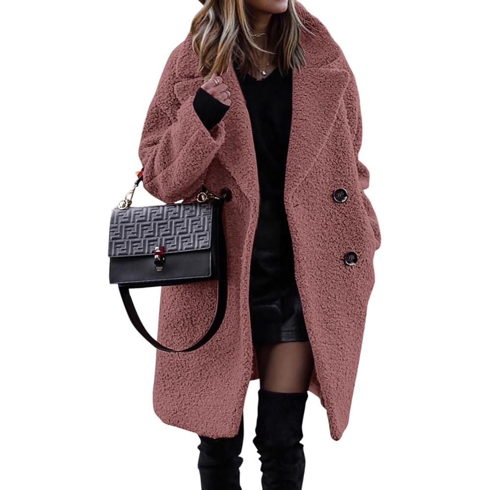 imageBTFBM Women 2025 Winter Faux Fur Coats Lapel Long Sleeve Fuzzy Fleece Outerwear Button Down Sherpa Jackets Fall OutfitsBean Paste Pink