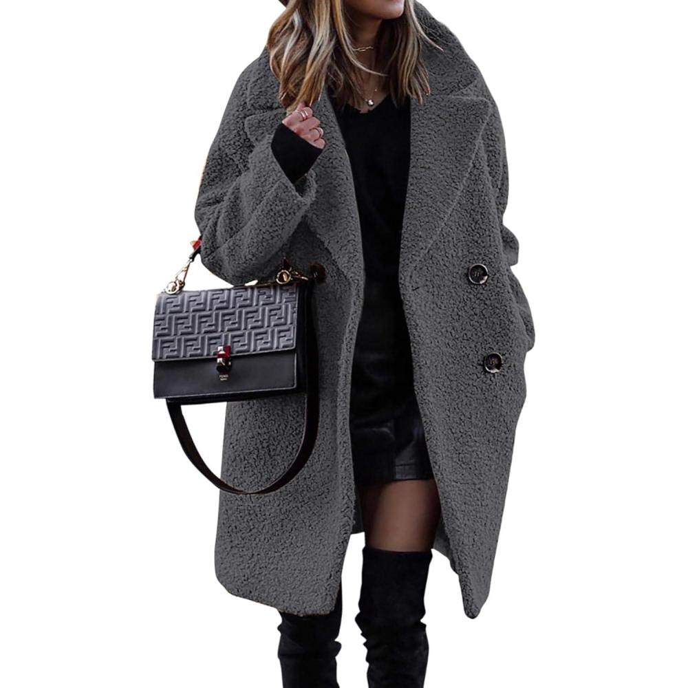 imageBTFBM Women 2025 Winter Faux Fur Coats Lapel Long Sleeve Fuzzy Fleece Outerwear Button Down Sherpa Jackets Fall OutfitsDark Grey