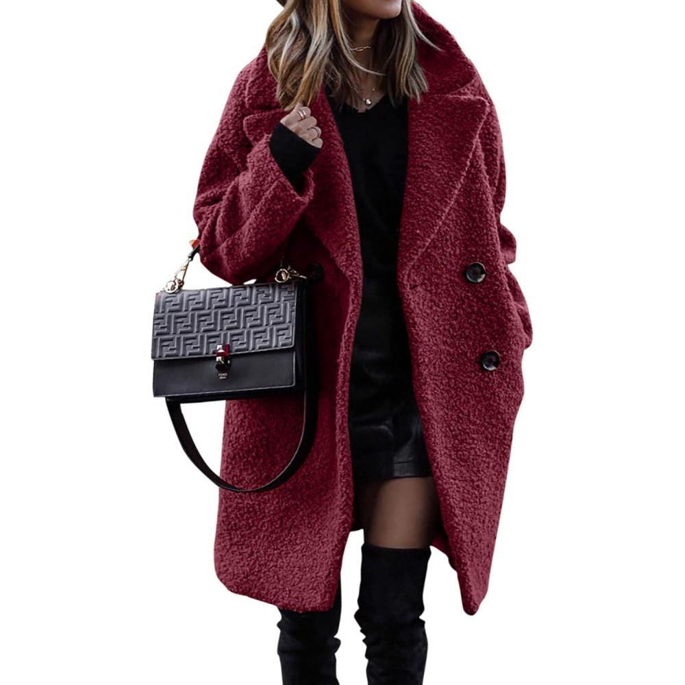 imageBTFBM Women 2025 Winter Faux Fur Coats Lapel Long Sleeve Fuzzy Fleece Outerwear Button Down Sherpa Jackets Fall OutfitsWine Red