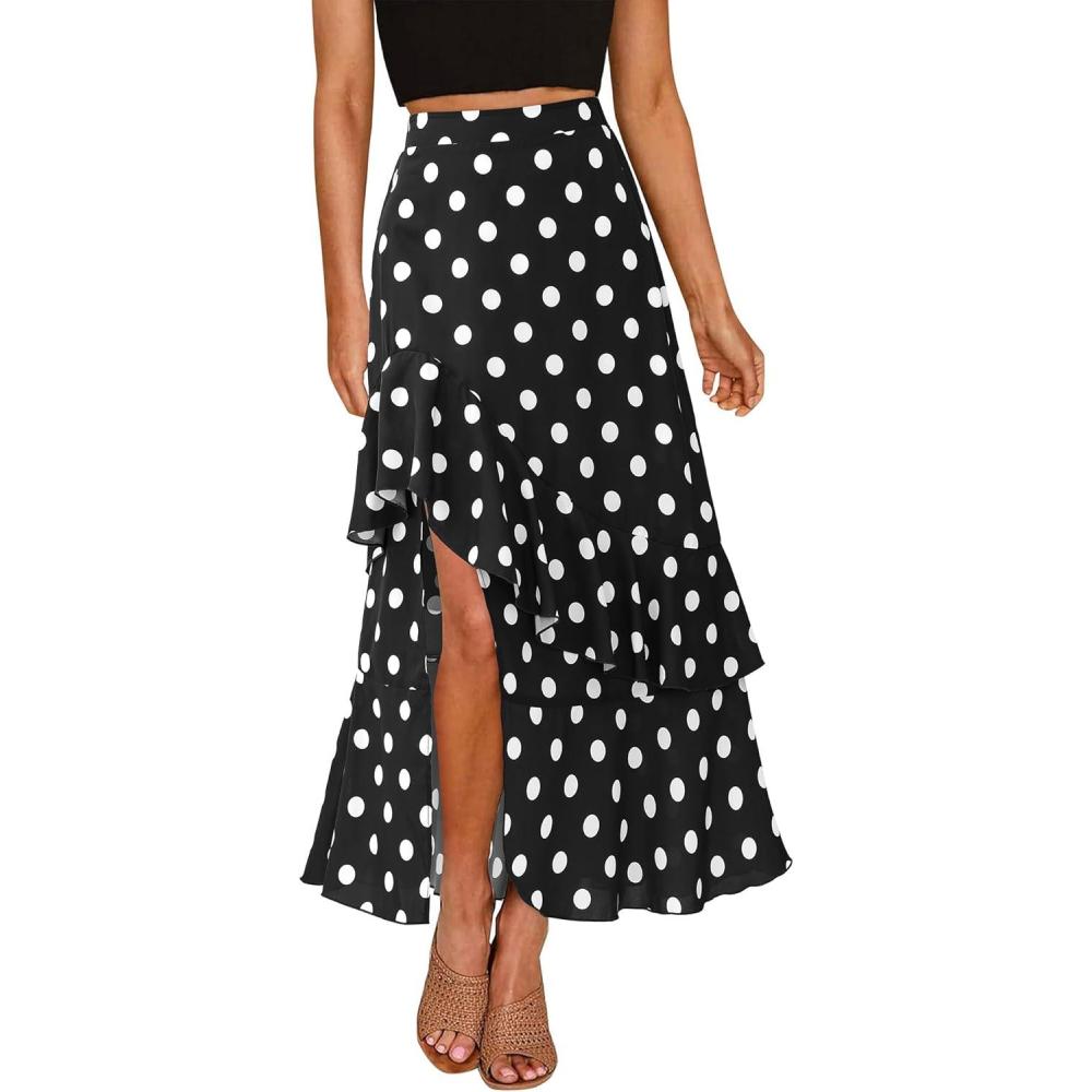 imageBTFBM Women 2026 Spring Summer Long Skirts Dress Boho Floral Elastic Waist Split Ruffle High Low Beach Maxi Skirt ClothesPolka Dot Black