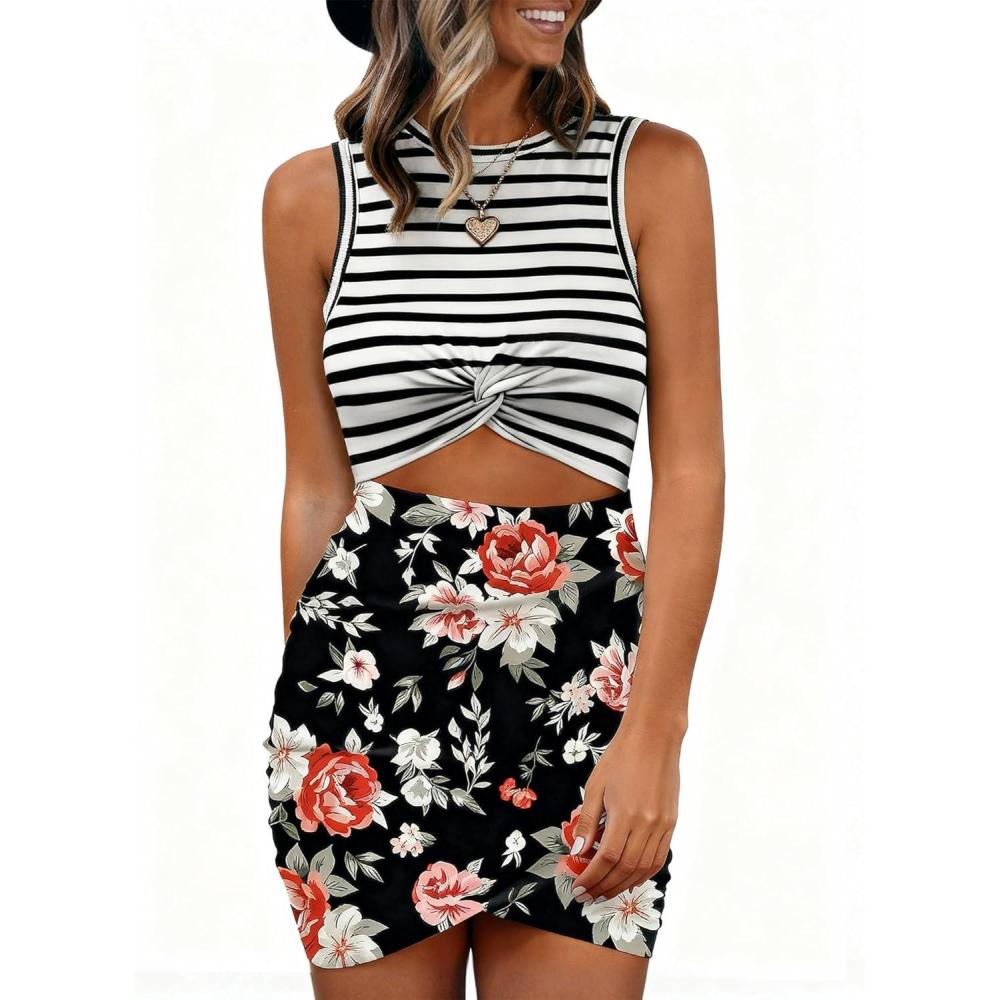 imageBTFBM Women 2026 Summer Dresses Sleeveless Casual Crewneck Bodycon Cutout Twist Slim Wrap Club Party Beach Mini DressStripe and Floral Black