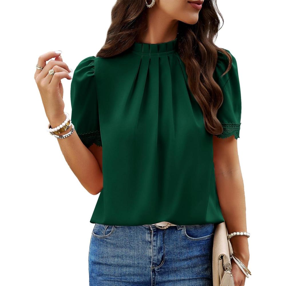 imageBTFBM Women Blouses 2026 Dressy Casual Summer Tops Mock Neck Lace Trim Short Sleeve Business Work Shirts Spring ClothesDark Green