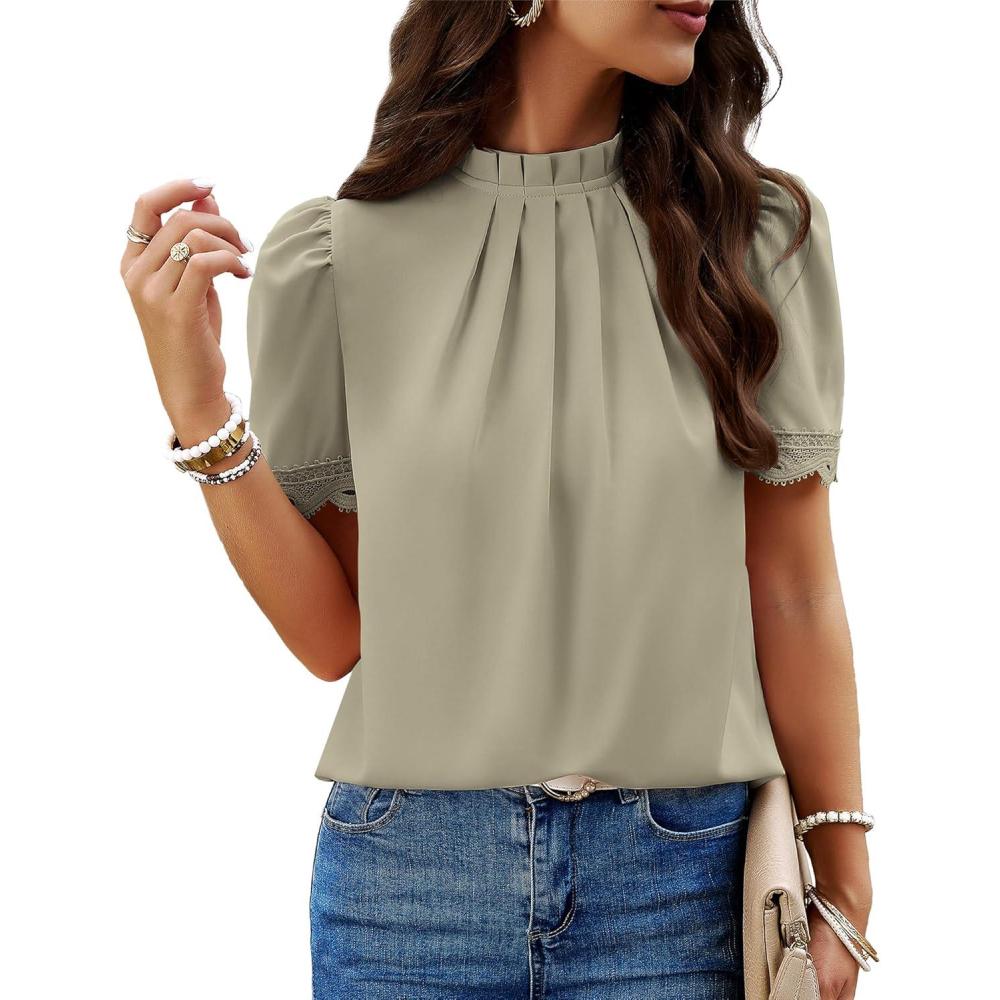 imageBTFBM Women Blouses 2026 Dressy Casual Summer Tops Mock Neck Lace Trim Short Sleeve Business Work Shirts Spring ClothesLight Green