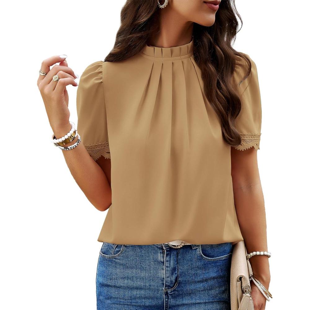 imageBTFBM Women Blouses 2026 Dressy Casual Summer Tops Mock Neck Lace Trim Short Sleeve Business Work Shirts Spring ClothesLight Khaki