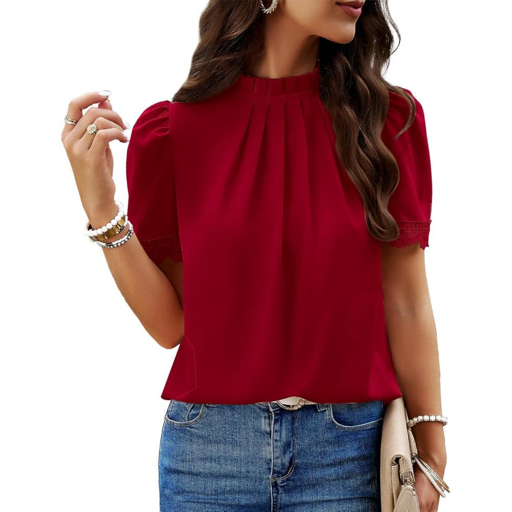 imageBTFBM Women Blouses 2026 Dressy Casual Summer Tops Mock Neck Lace Trim Short Sleeve Business Work Shirts Spring ClothesRed
