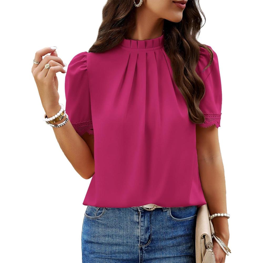 imageBTFBM Women Blouses 2026 Dressy Casual Summer Tops Mock Neck Lace Trim Short Sleeve Business Work Shirts Spring ClothesRose Red
