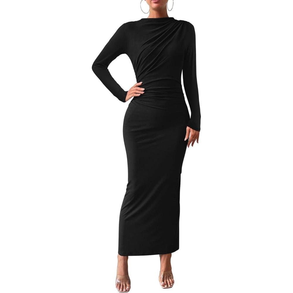 imageBTFBM Women Bodycon Maxi Dress Long Sleeve Back Slit Ruched Elegant Party Cocktail Formal Fall Wedding Guest DressesBlack