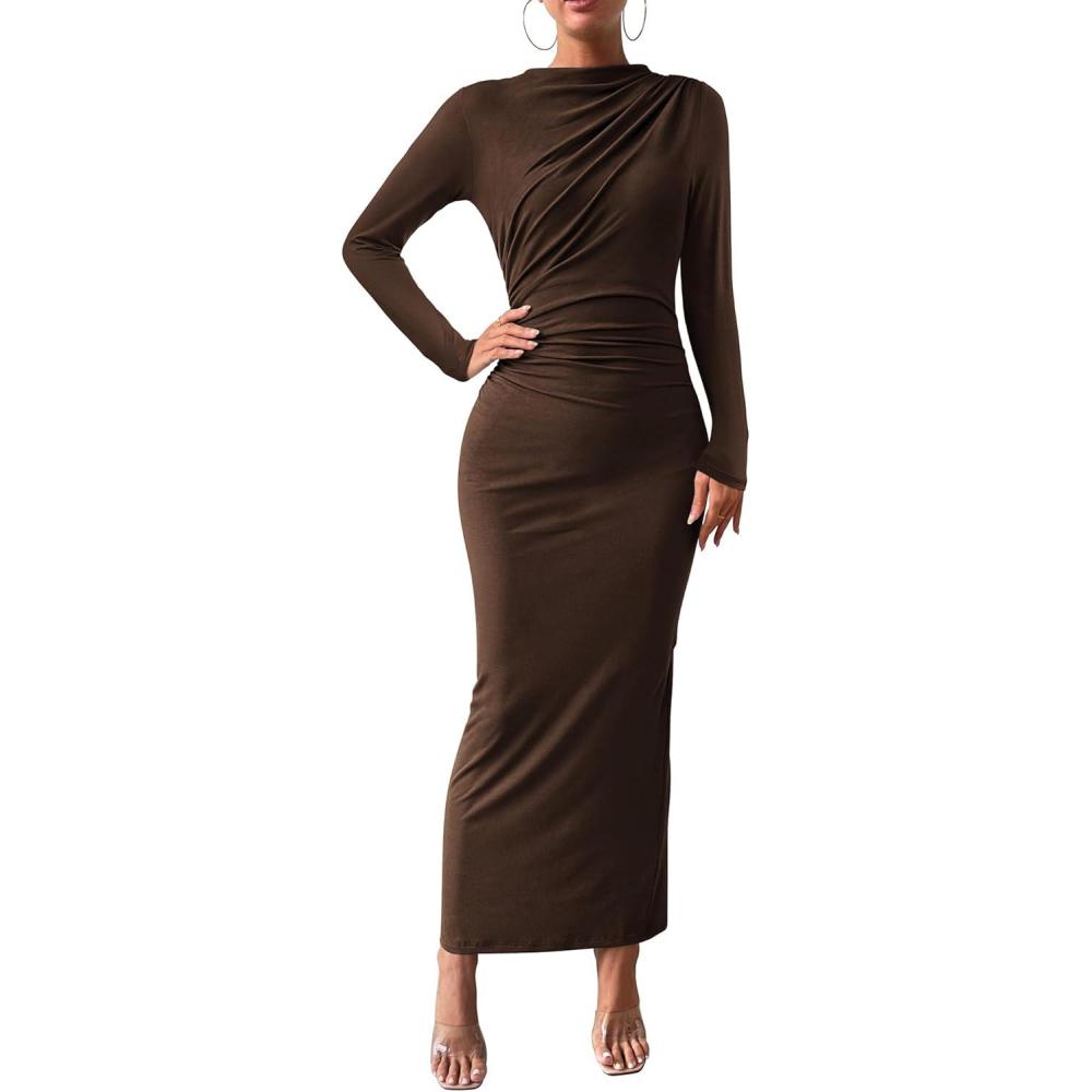 imageBTFBM Women Bodycon Maxi Dress Long Sleeve Back Slit Ruched Elegant Party Cocktail Formal Fall Wedding Guest DressesBrown