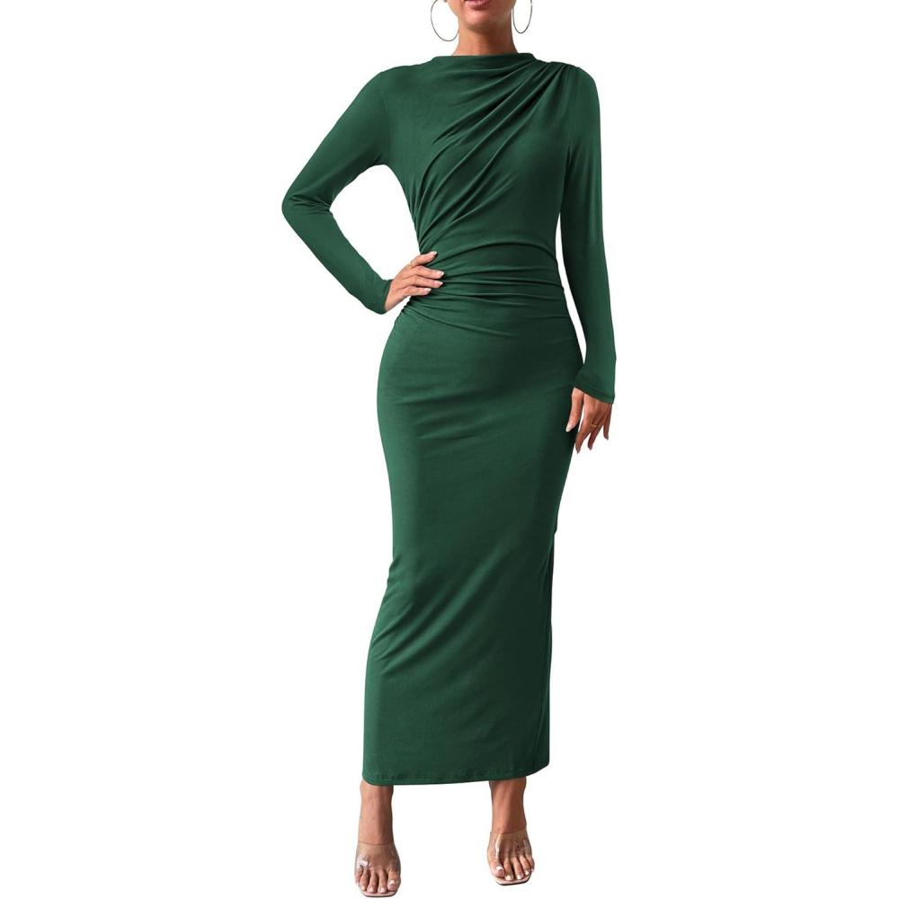 imageBTFBM Women Bodycon Maxi Dress Long Sleeve Back Slit Ruched Elegant Party Cocktail Formal Fall Wedding Guest DressesDark Green