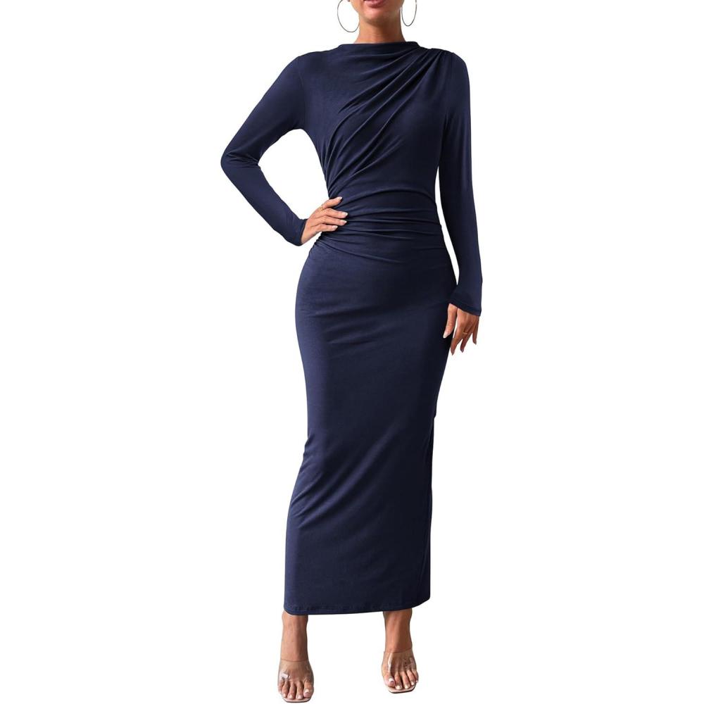 imageBTFBM Women Bodycon Maxi Dress Long Sleeve Back Slit Ruched Elegant Party Cocktail Formal Fall Wedding Guest DressesNavy