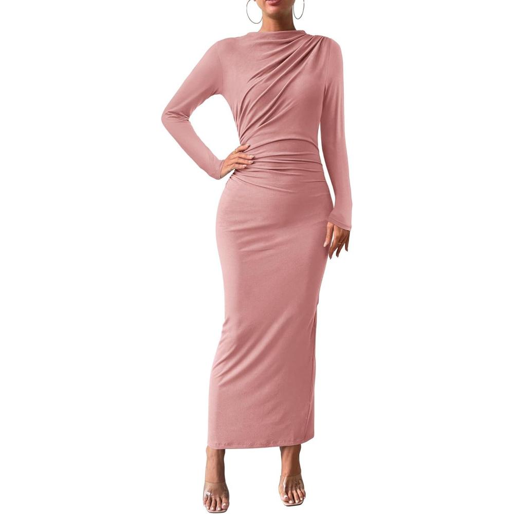 imageBTFBM Women Bodycon Maxi Dress Long Sleeve Back Slit Ruched Elegant Party Cocktail Formal Fall Wedding Guest DressesPink