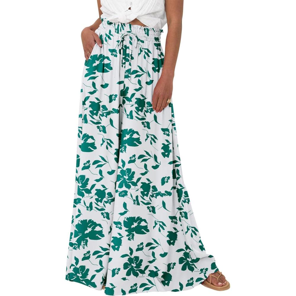 imageBTFBM Women Casual High Waist Wide Leg Pants 2026 Spring Summer Long Palazzo Pants Pocket Lounge Beach Vacation ClothesPrint Green
