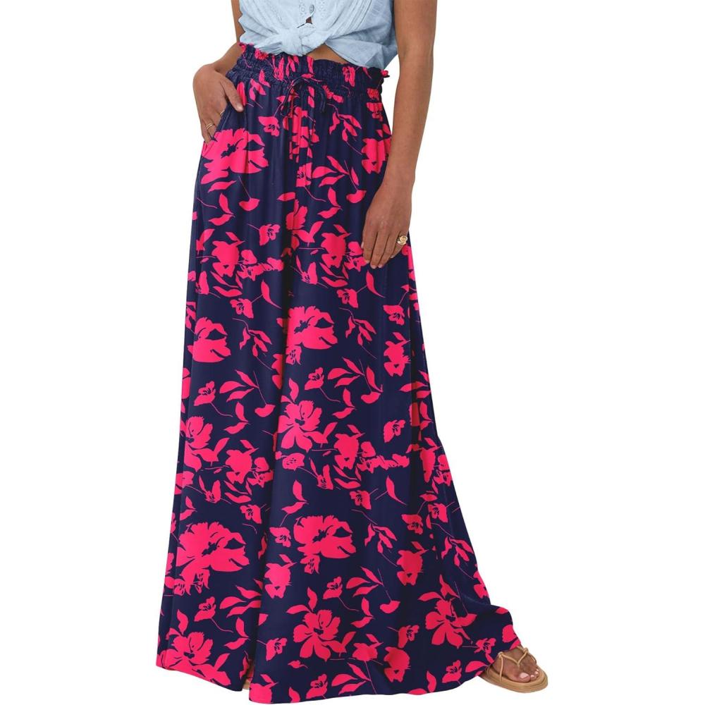 imageBTFBM Women Casual High Waist Wide Leg Pants 2026 Spring Summer Long Palazzo Pants Pocket Lounge Beach Vacation ClothesPrint Navy Rose Red