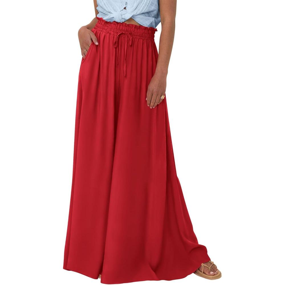 imageBTFBM Women Casual High Waist Wide Leg Pants 2026 Spring Summer Long Palazzo Pants Pocket Lounge Beach Vacation ClothesSolid Red