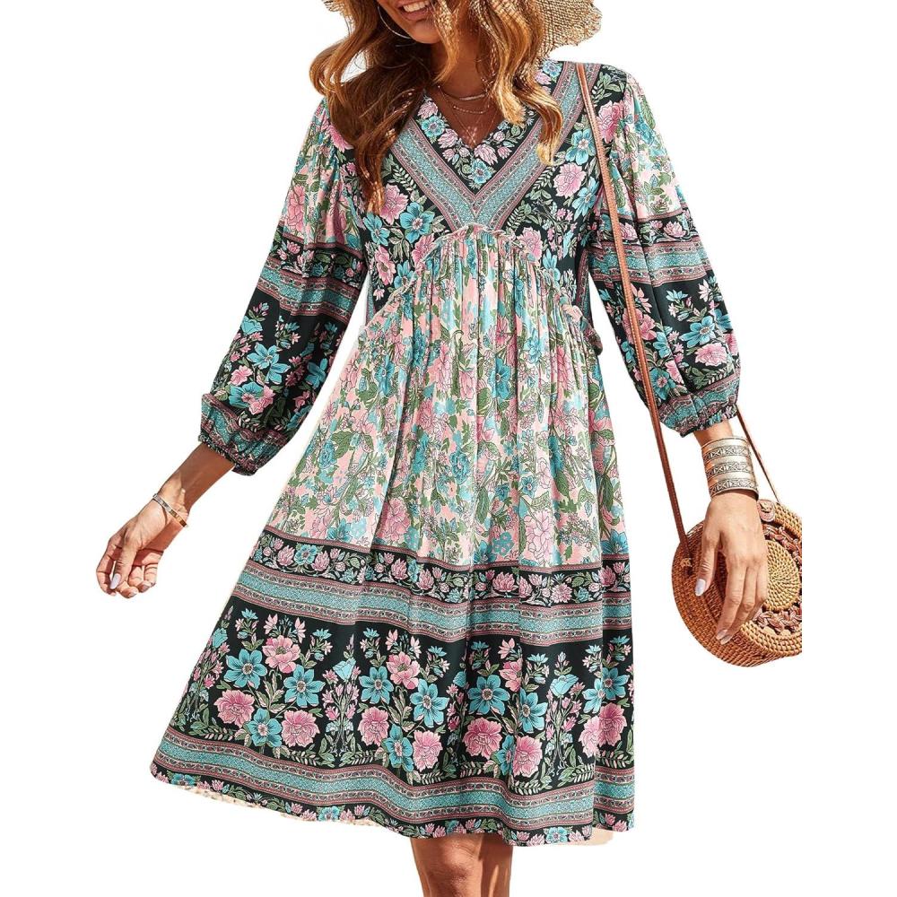 imageBTFBM Women Casual Spring Summer Dresses V Neck 34 Long Sleeve Ruffle Floral Flowy Boho Babydoll Mini Short Beach DressFloral Apricot