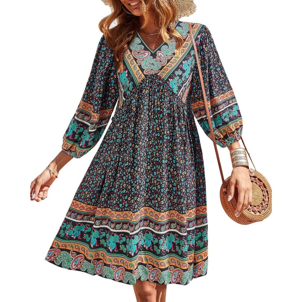 imageBTFBM Women Casual Spring Summer Dresses V Neck 34 Long Sleeve Ruffle Floral Flowy Boho Babydoll Mini Short Beach DressFloral Black
