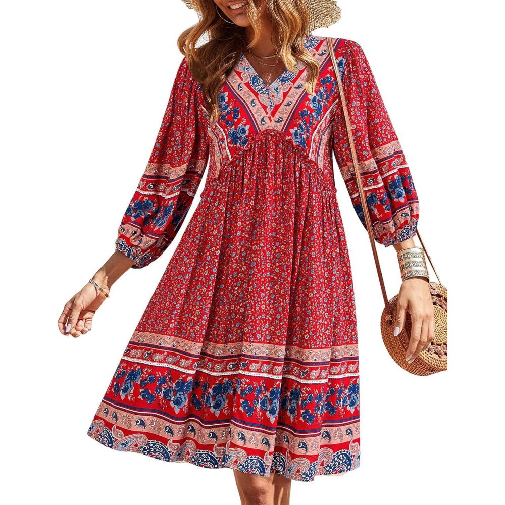 imageBTFBM Women Casual Spring Summer Dresses V Neck 34 Long Sleeve Ruffle Floral Flowy Boho Babydoll Mini Short Beach DressFloral Blue Red