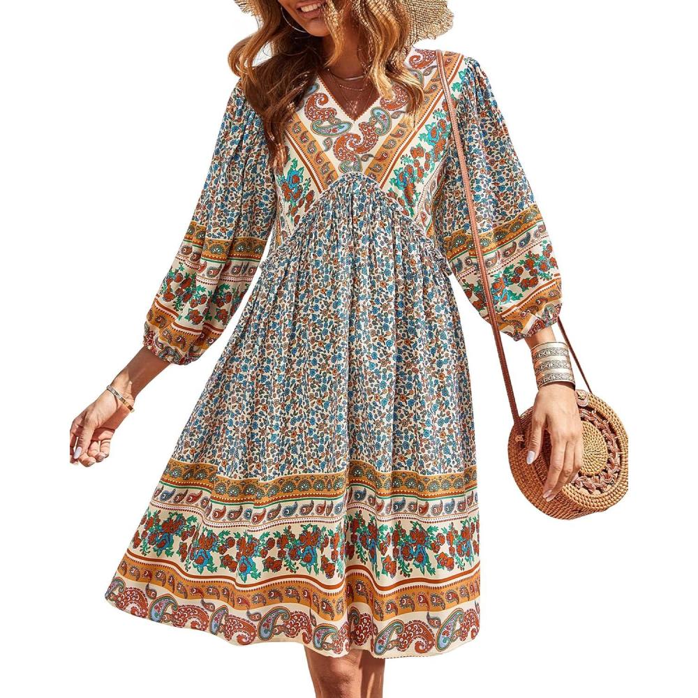 imageBTFBM Women Casual Spring Summer Dresses V Neck 34 Long Sleeve Ruffle Floral Flowy Boho Babydoll Mini Short Beach DressFloral Brown Apricot