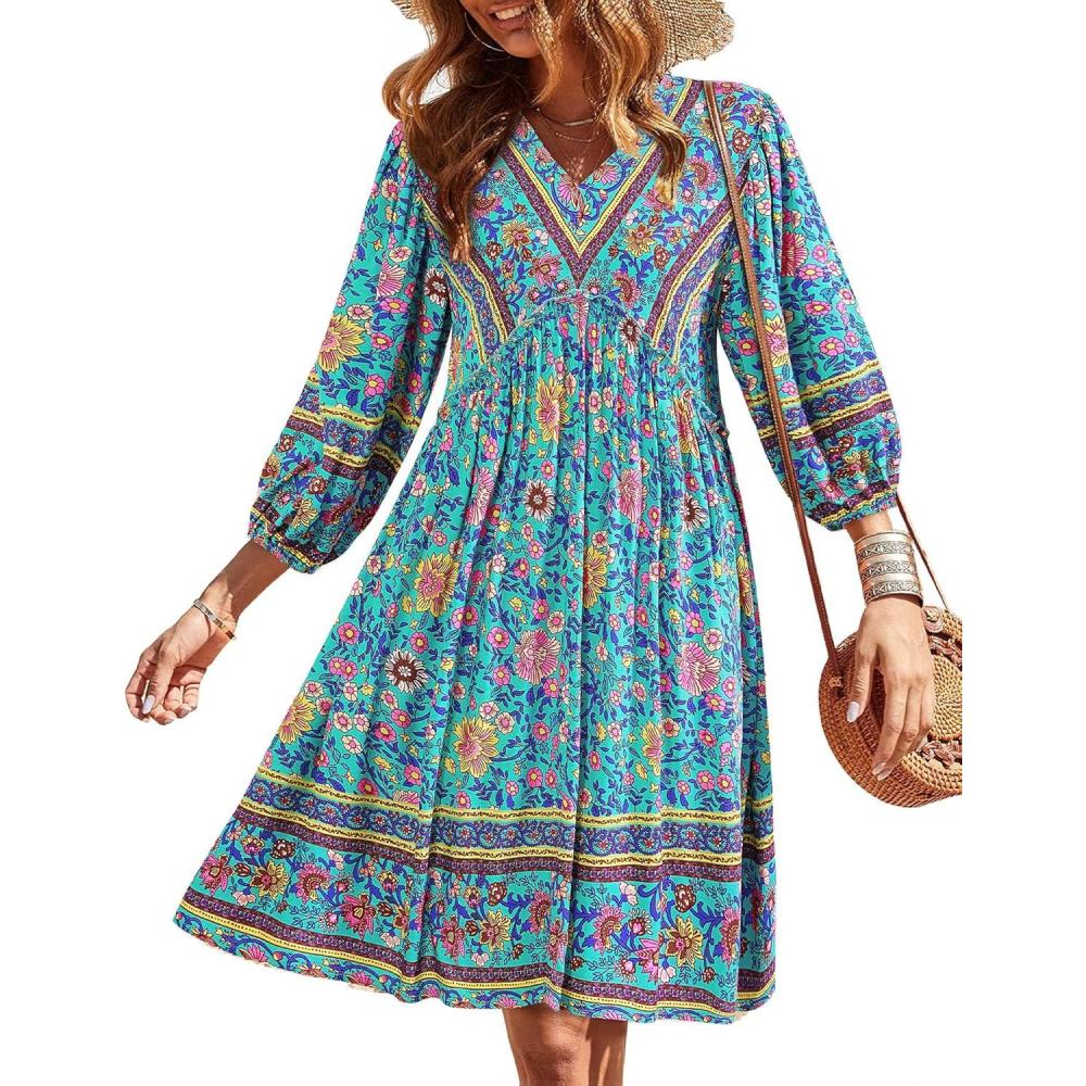 imageBTFBM Women Casual Spring Summer Dresses V Neck 34 Long Sleeve Ruffle Floral Flowy Boho Babydoll Mini Short Beach DressFloral Green
