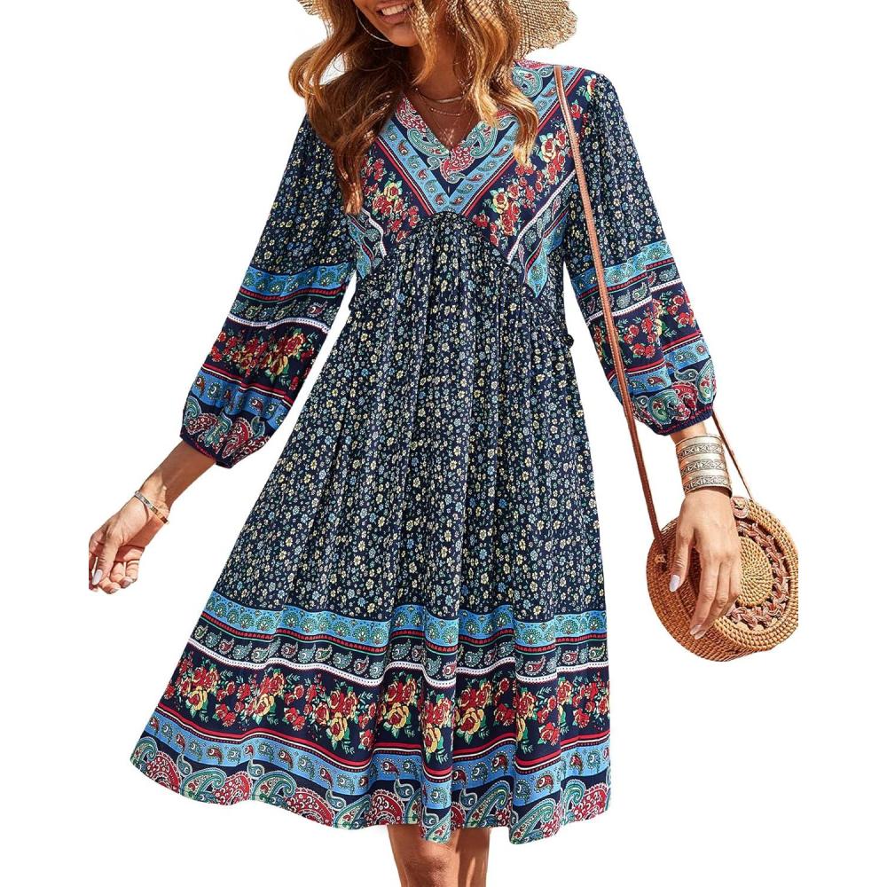 imageBTFBM Women Casual Spring Summer Dresses V Neck 34 Long Sleeve Ruffle Floral Flowy Boho Babydoll Mini Short Beach DressFloral Navy
