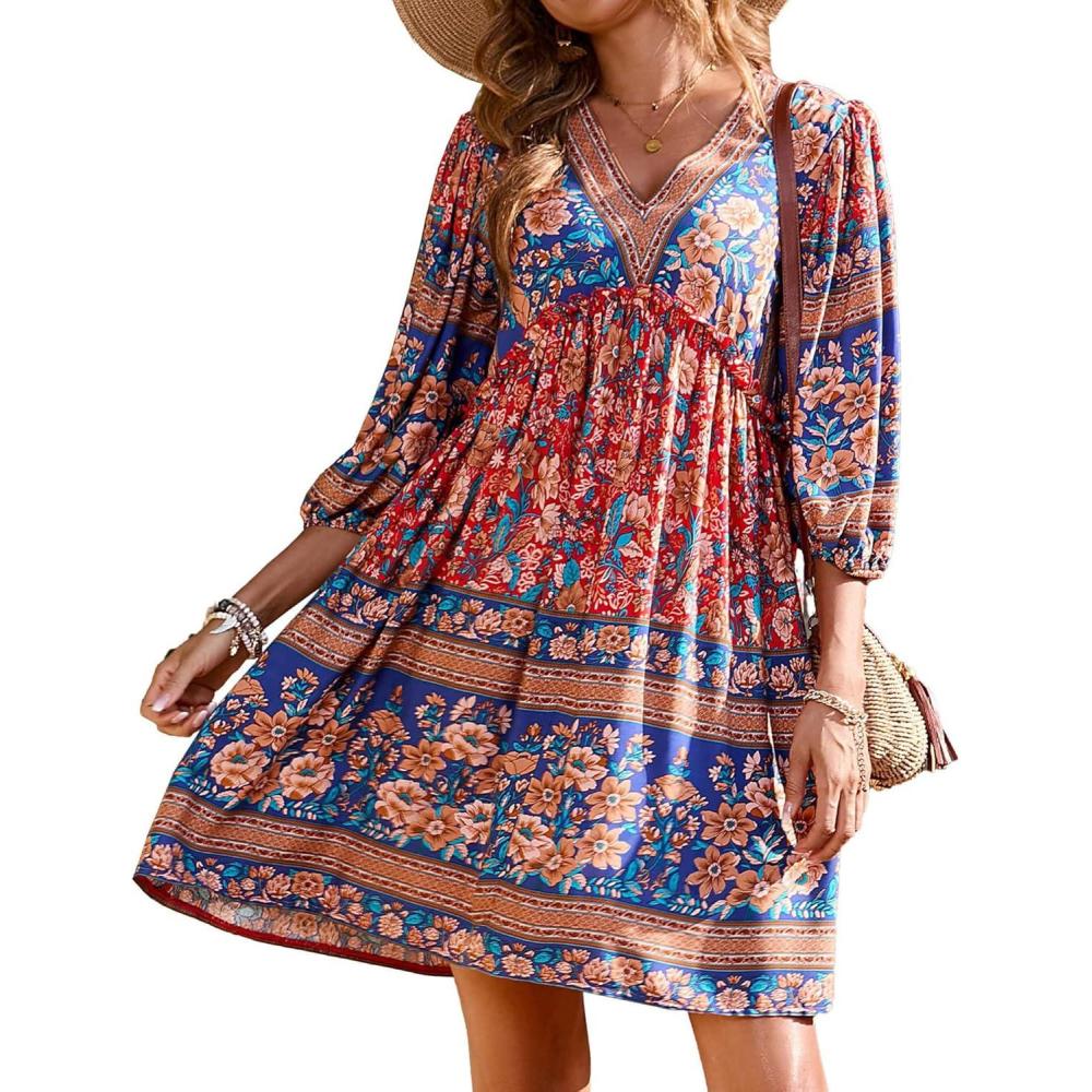 imageBTFBM Women Casual Spring Summer Dresses V Neck 34 Long Sleeve Ruffle Floral Flowy Boho Babydoll Mini Short Beach DressFloral Red