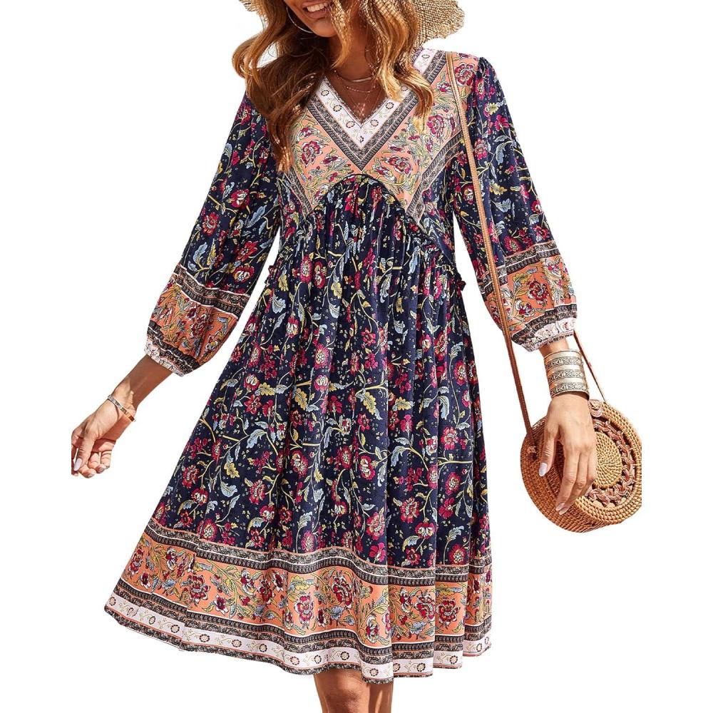 imageBTFBM Women Casual Spring Summer Dresses V Neck 34 Long Sleeve Ruffle Floral Flowy Boho Babydoll Mini Short Beach DressFloral Red Navy