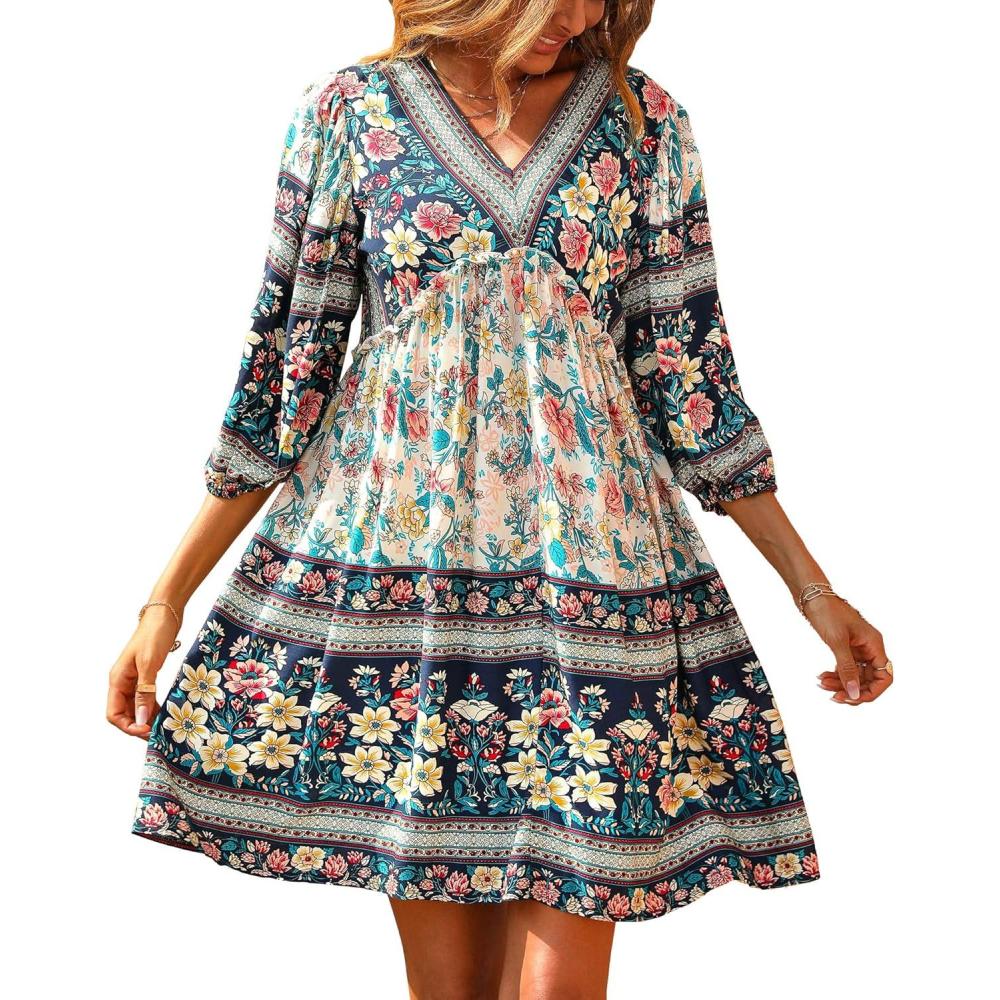 imageBTFBM Women Casual Spring Summer Dresses V Neck 34 Long Sleeve Ruffle Floral Flowy Boho Babydoll Mini Short Beach DressFloral White